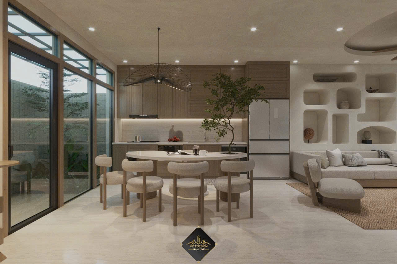 Thiết kế nội thất phòng ăn liền bếp hiện đại phong cách tối giản Wabi-sabi VietDesign