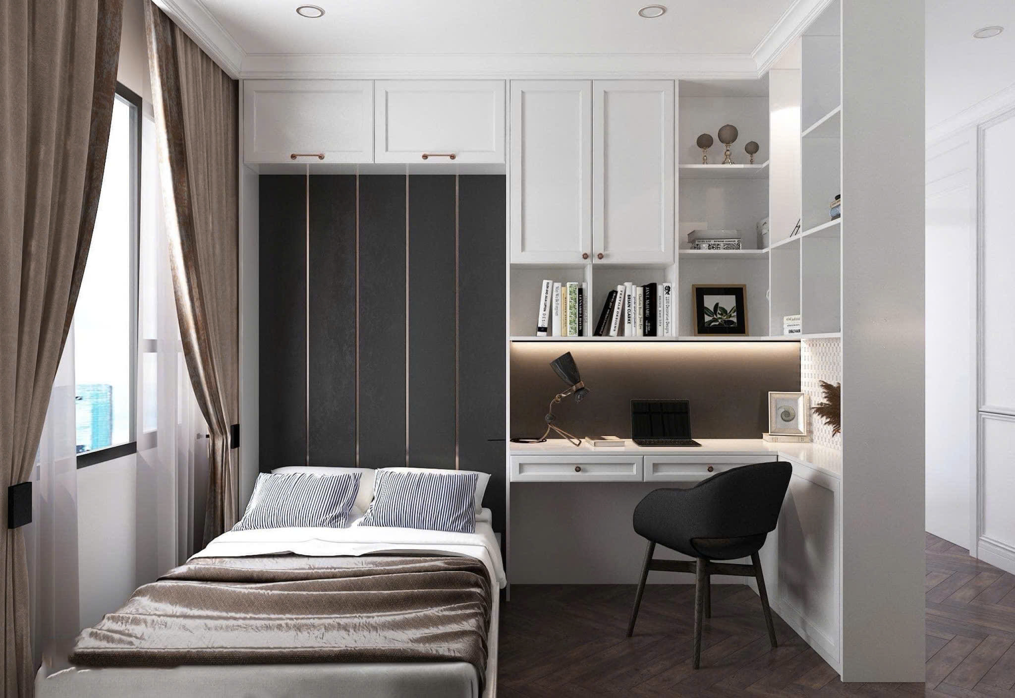 Thiết kế nội thất phòng ngủ nhỏ kết hợp bàn làm việc thông minh căn hộ 1 phòng ngủ Vinhomes Ocean Park 2