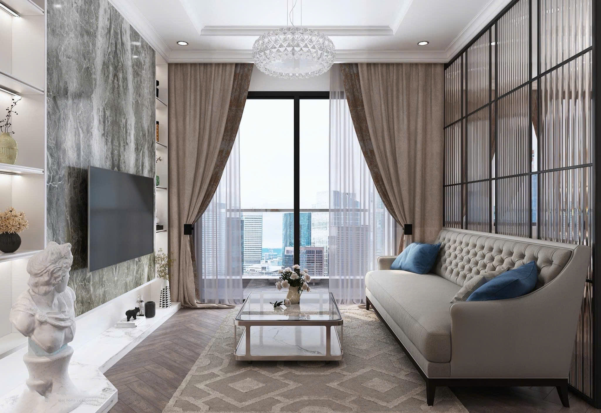 Mẫu phòng khách căn hộ 1 phòng ngủ vách kính sọc slim sang trọng tại Vinhomes Ocean Park 2 Hưng Yên