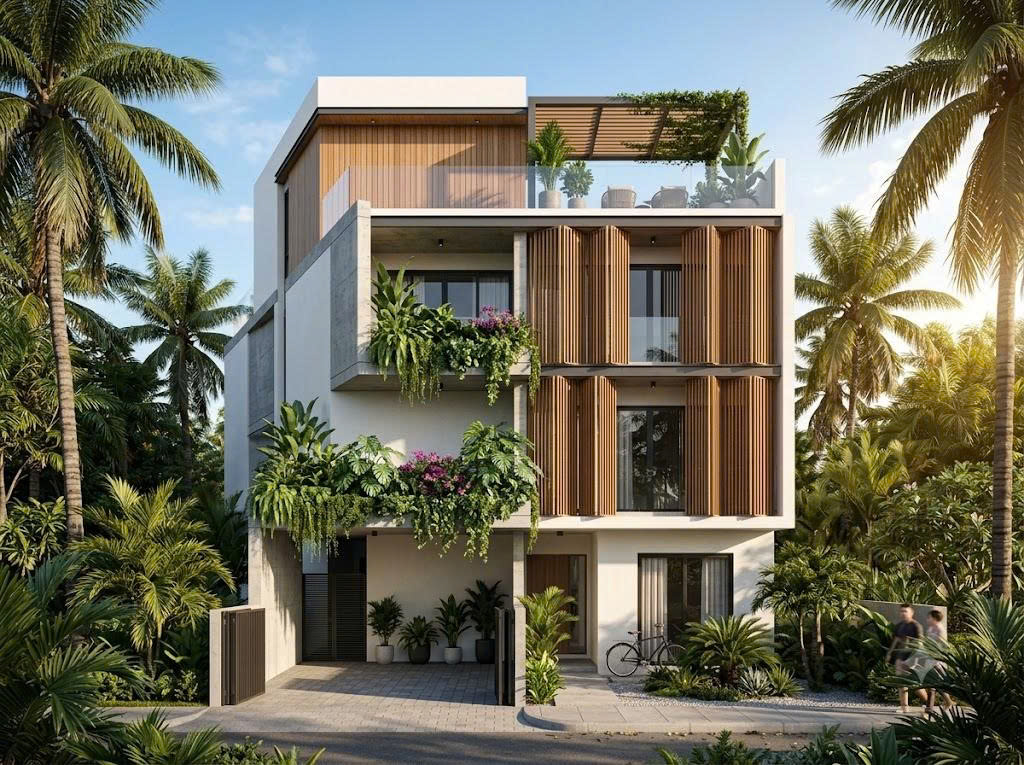 Mẫu thiết kế kiến trúc mặt tiền nhà phố 3 tầng 1 tum phong cách hiện đại nhiệt đới tràn ngập cây xanh